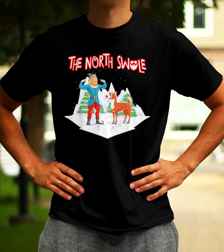 Papa Swolio Elf With Reindeer In The North Swole Winter Scene T-Shirt