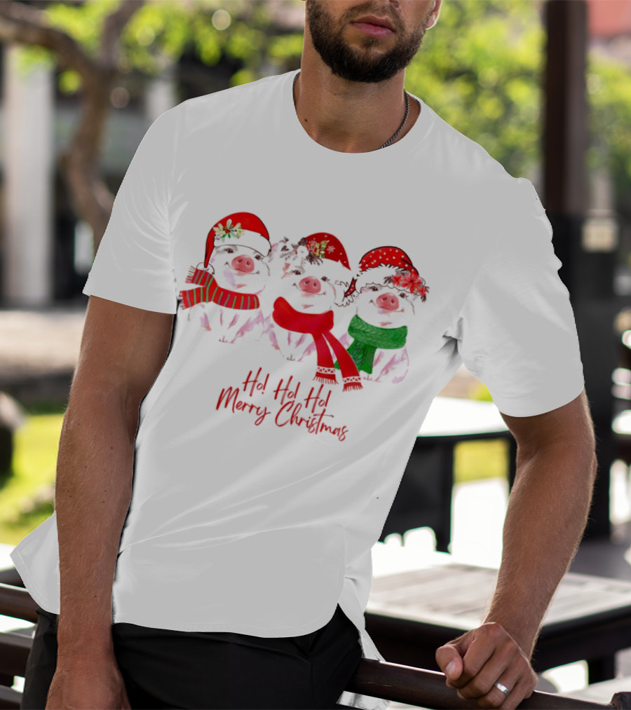 Ho Ho Ho Merry Christmas Pig Trio Santa Hat T-Shirt