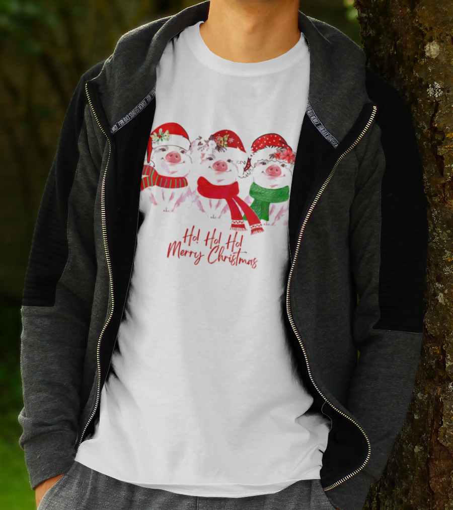 Ho Ho Ho Merry Christmas Pig Trio Santa Hat T-Shirt
