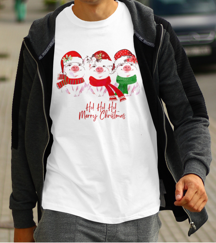 Ho Ho Ho Merry Christmas Pig Trio Santa Hat T-Shirt