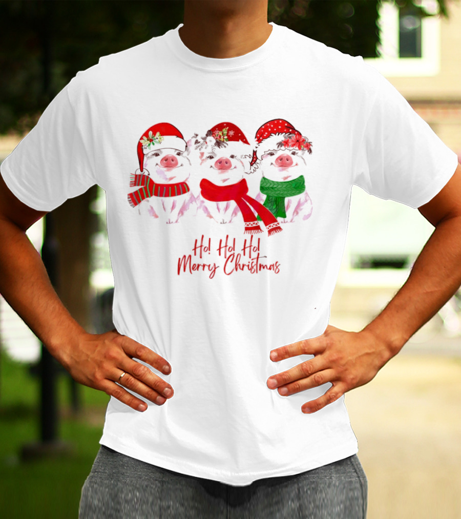 Ho Ho Ho Merry Christmas Pig Trio Santa Hat T-Shirt