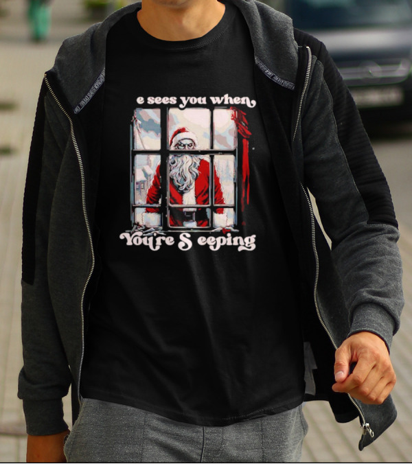 He Sees You When You're Sleeping Santa Horror Window Scene T-Shirt