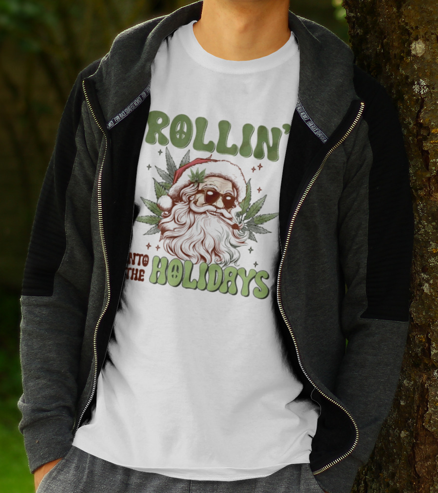 Rollin' Into The Holidays Santa Weed Christmas T-Shirt