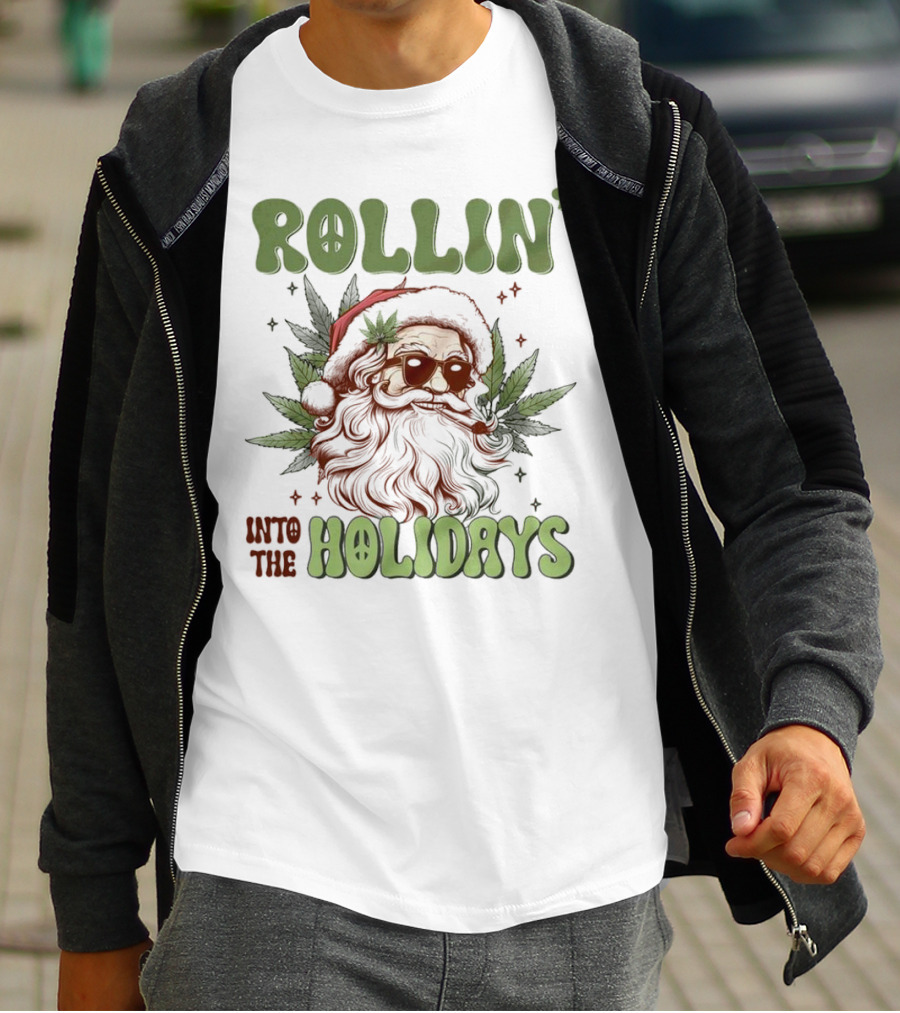 Rollin' Into The Holidays Santa Weed Christmas T-Shirt