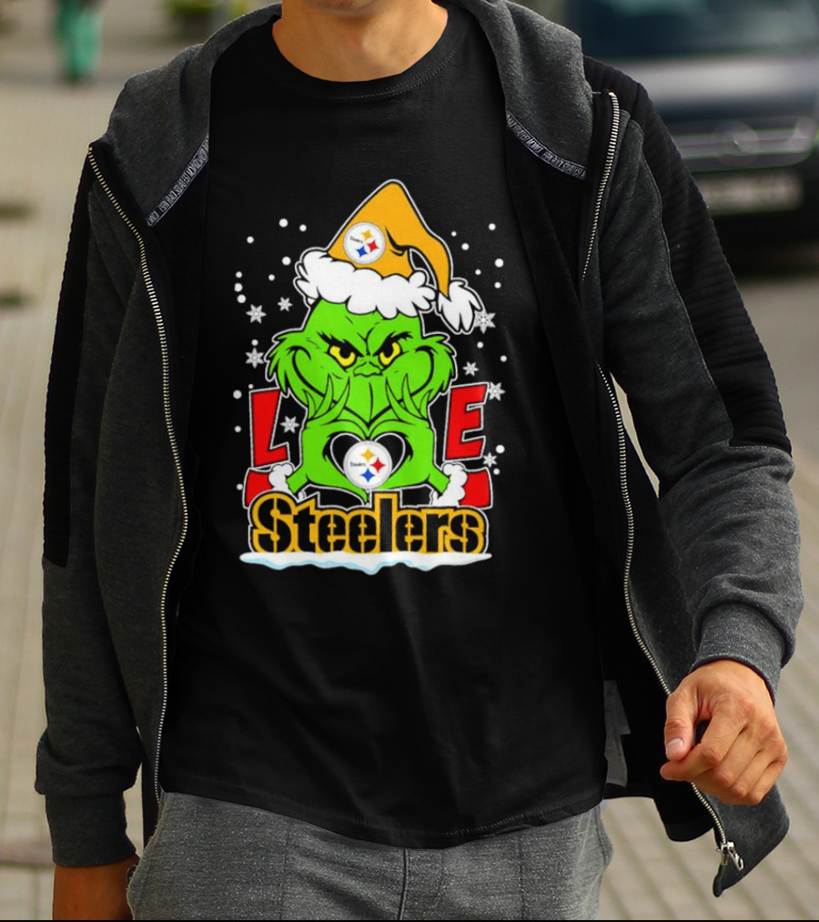 The Grinch Santa Hat Love Pittsburgh Steelers Logo Snowflakes T-Shirt