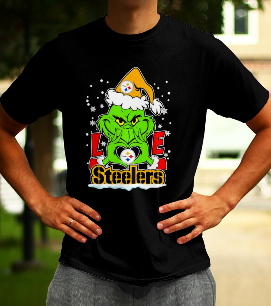 The Grinch Santa Hat Love Pittsburgh Steelers Logo Snowflakes T-Shirt