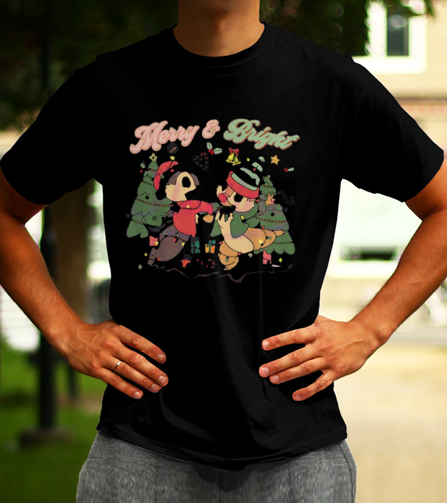 Chip And Dale Merry And Bright Christmas With Festive Trees And Holiday Cheer T-Shirt