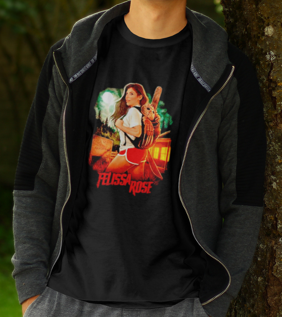 Felissa Rose Happy Camper Camp Arawak Masked Figure Forest Scene T-Shirt