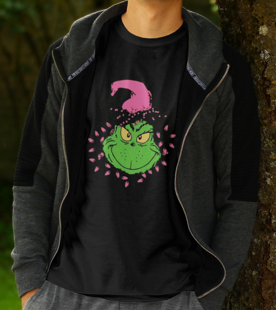 Grinch In Pink Santa Hat With Pink Christmas Lights T-Shirt