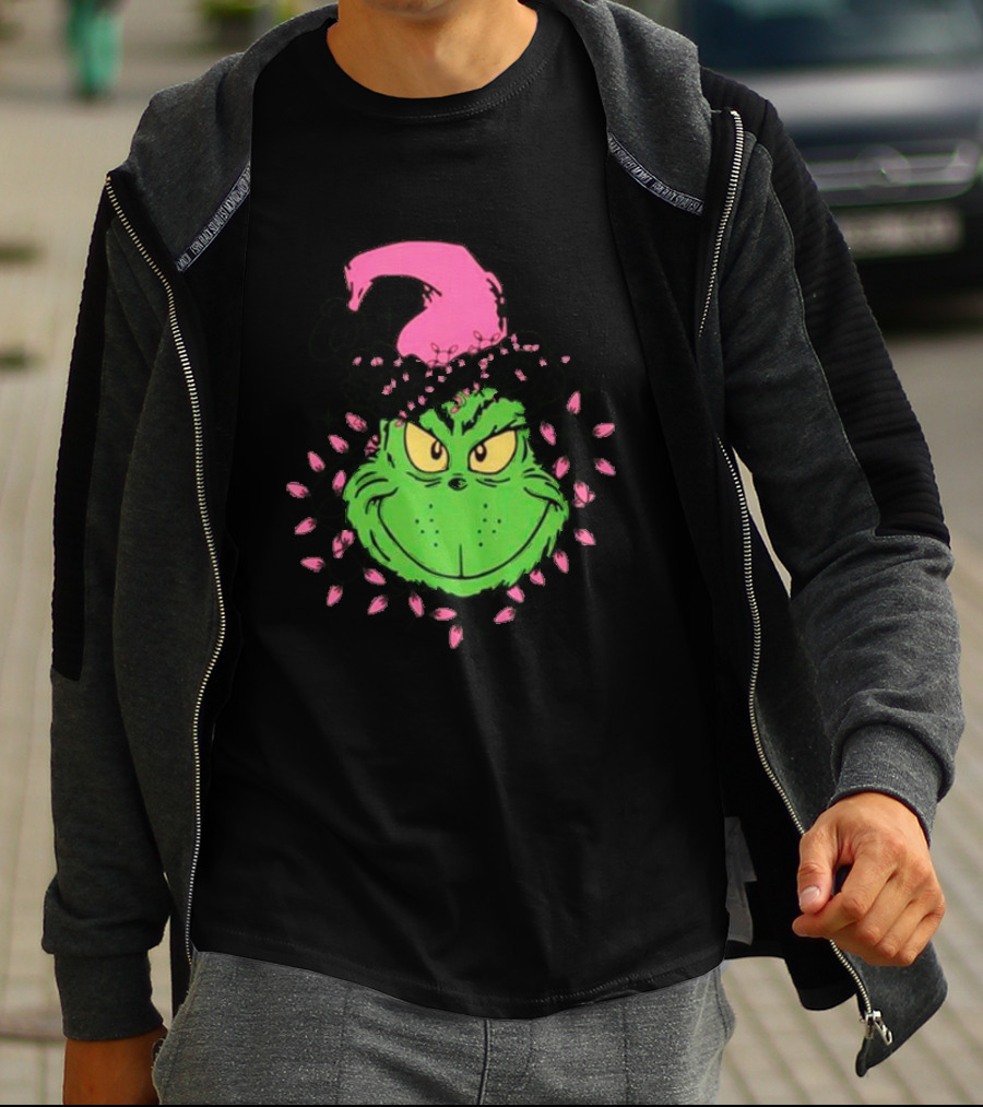 Grinch In Pink Santa Hat With Pink Christmas Lights T-Shirt