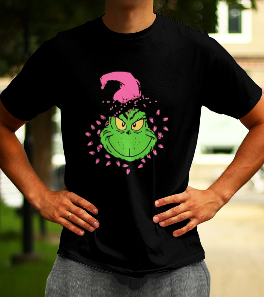 Grinch In Pink Santa Hat With Pink Christmas Lights T-Shirt