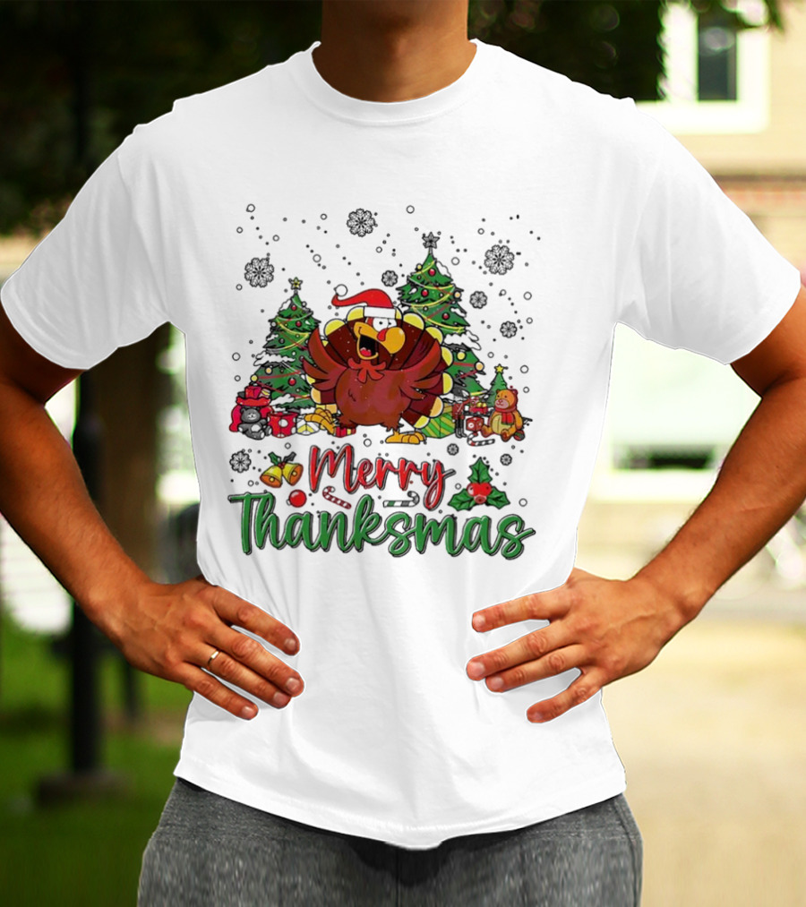Merry Thanksmas Funny Turkey Santa Hat Christmas Trees T-Shirt
