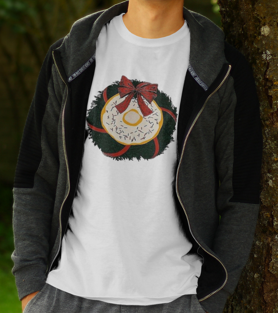 Gibson's Donuts Christmas Holiday Wreath With Red Bow And Donut Sprinkles T-Shirt