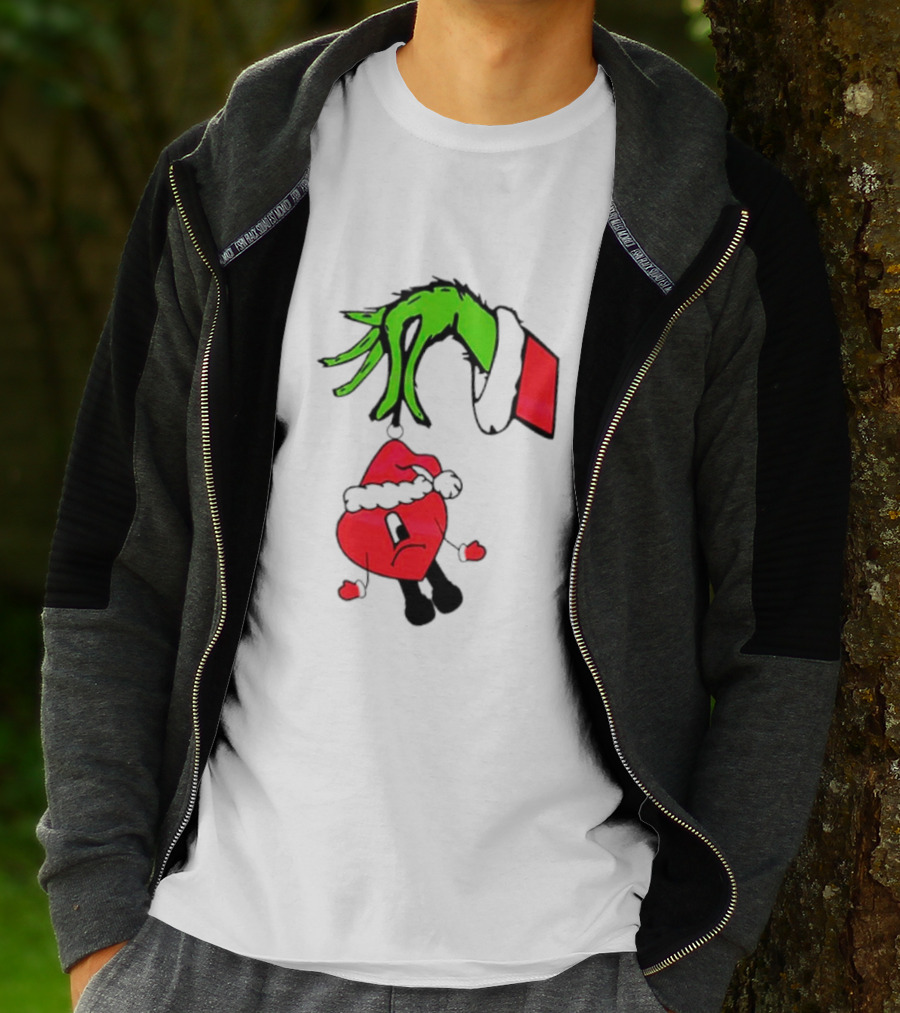 Grinch Hand Bad Bunny Santa Hat Christmas T-Shirt