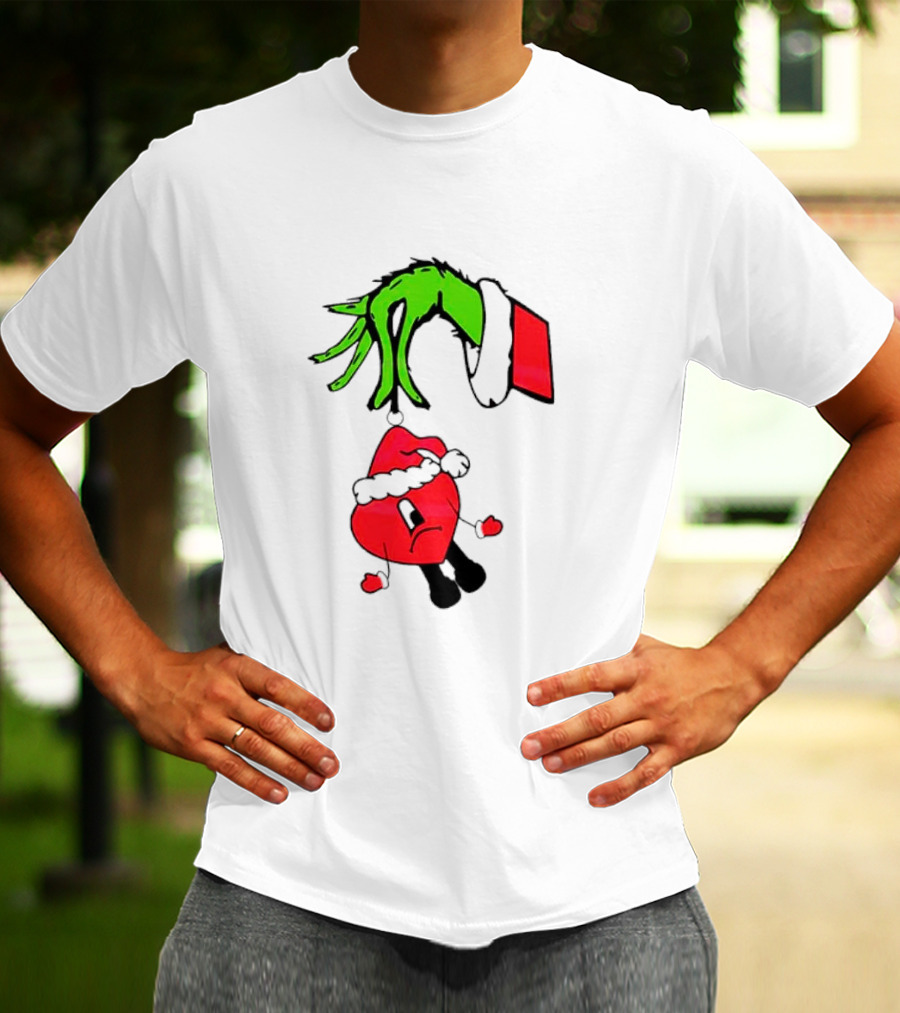 Grinch Hand Bad Bunny Santa Hat Christmas T-Shirt