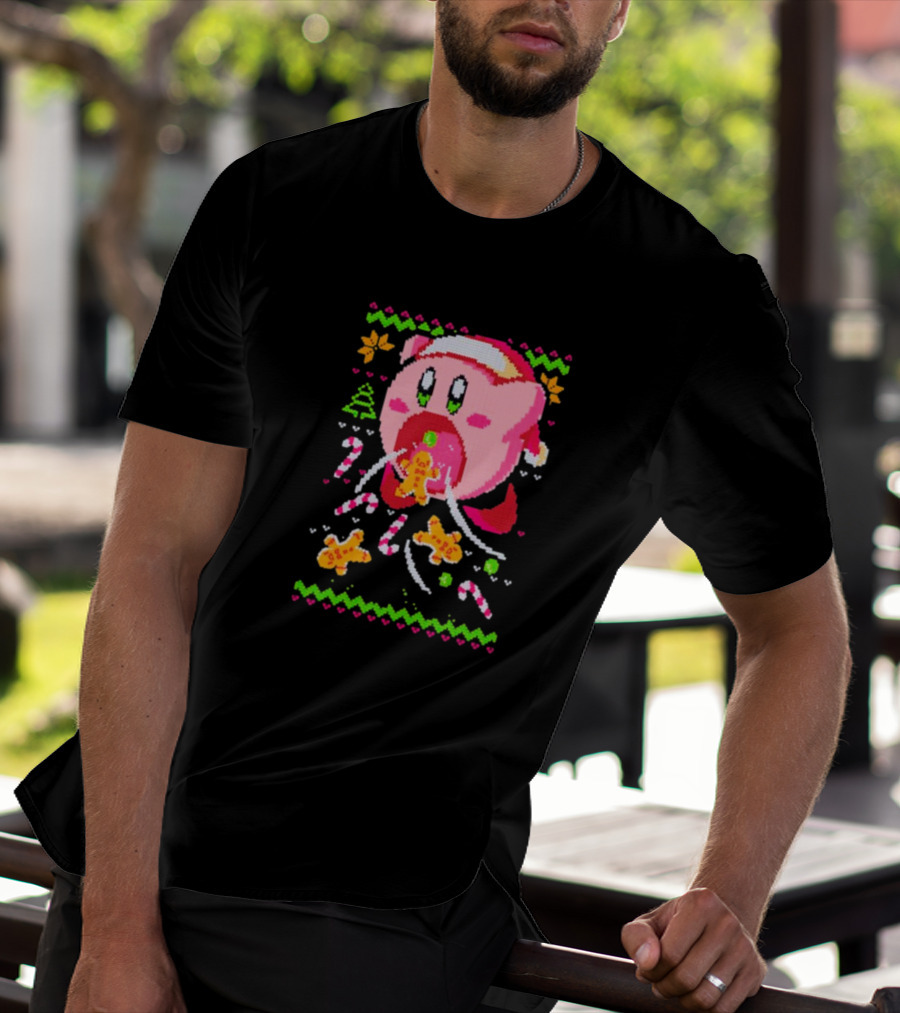 Kirby Santa Hat Eating Gingerbread Candy Canes Holiday T-Shirt