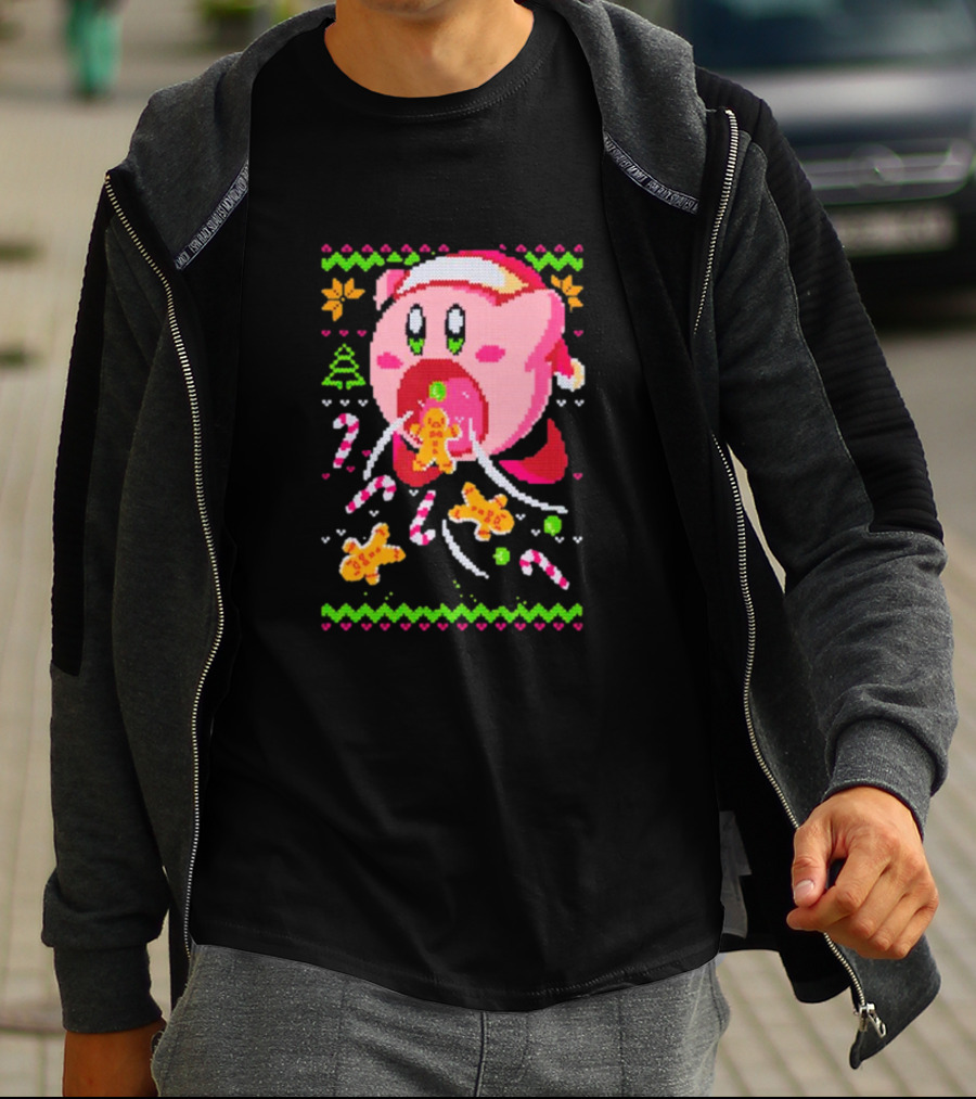 Kirby Santa Hat Eating Gingerbread Candy Canes Holiday T-Shirt
