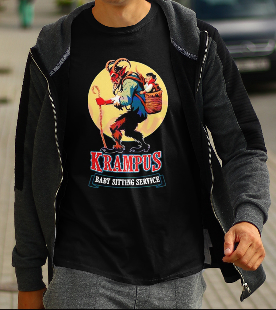 Krampus Baby Sitting Service Horror Christmas Monster Carrying Child T-Shirt