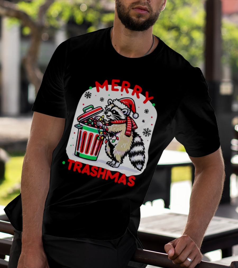 Merry Trashmas Raccoon Santa With Christmas Lights T-Shirt
