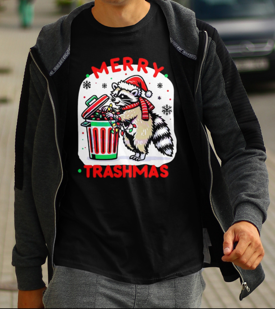 Merry Trashmas Raccoon Santa With Christmas Lights T-Shirt