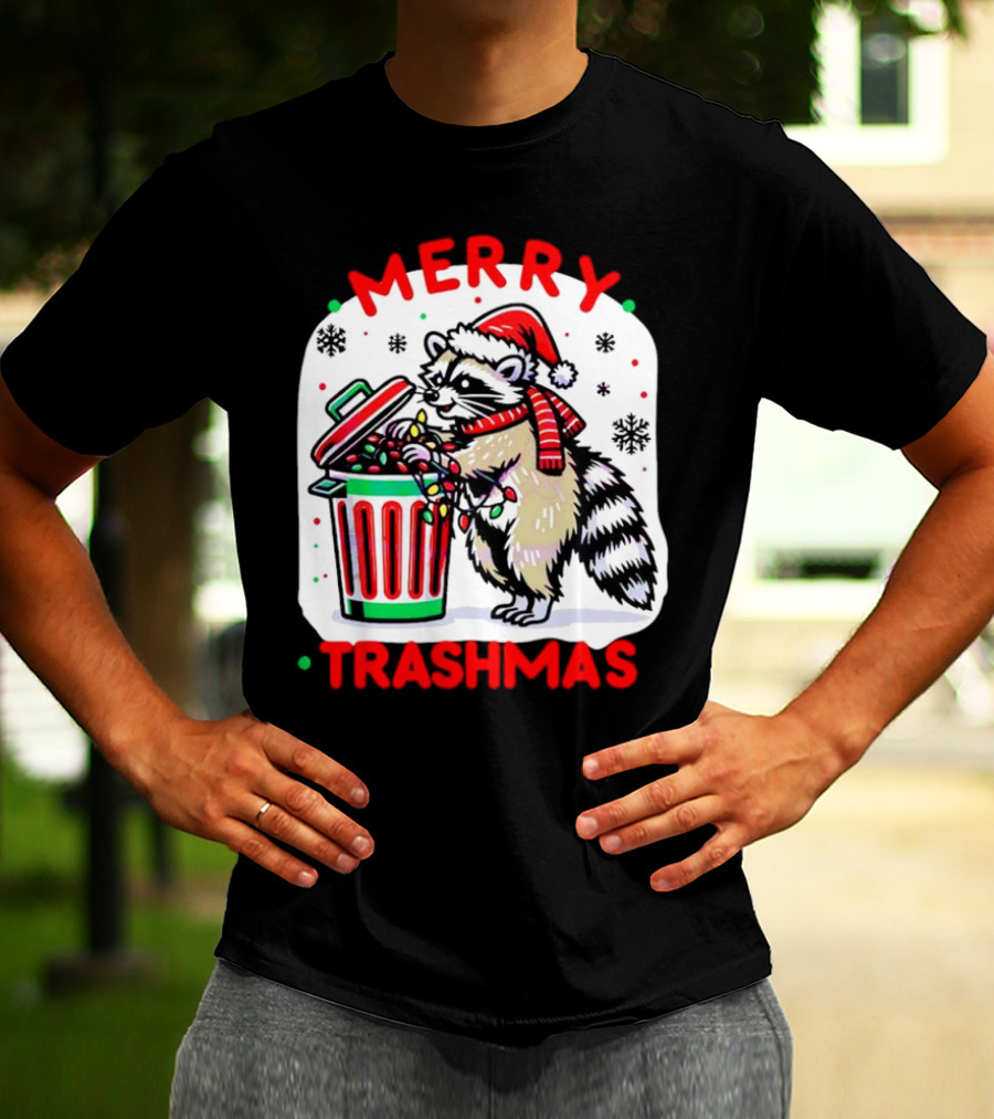 Merry Trashmas Raccoon Santa With Christmas Lights T-Shirt