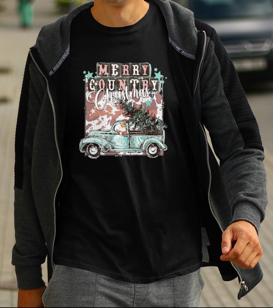 Merry Country Christmas Santa Truck With Tree T-Shirt