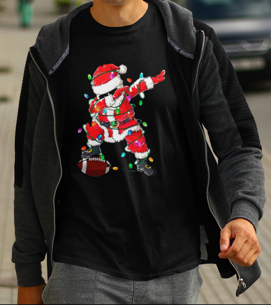 Santa Dabbing With Christmas Lights And Football T-Shirt