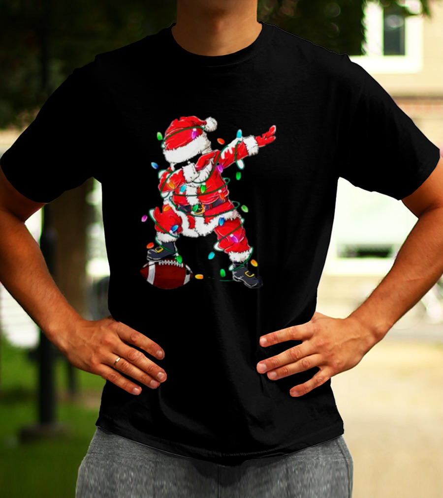 Santa Dabbing With Christmas Lights And Football T-Shirt
