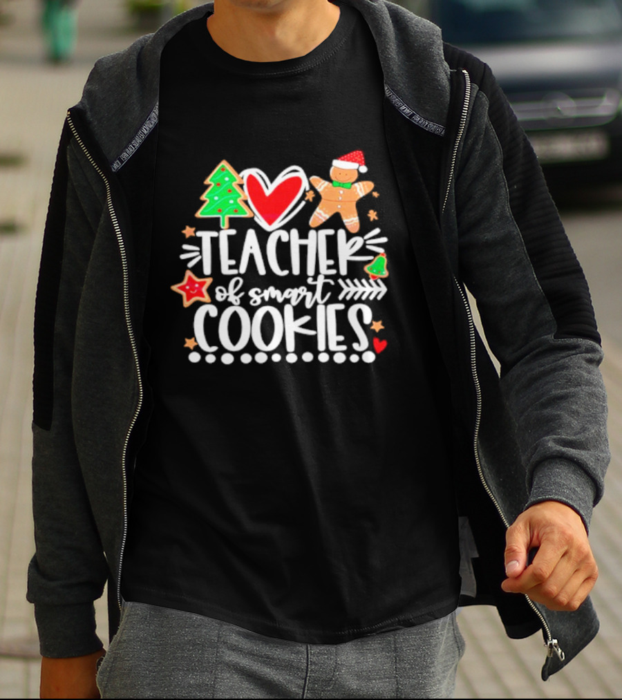 Teacher Of Smart Cookies Christmas Tree Gingerbread Heart Stars T-Shirt