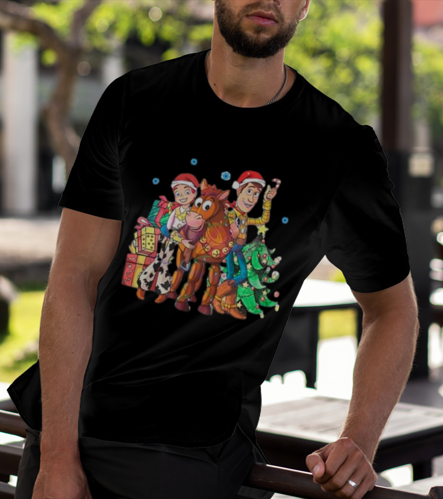 Toy Story Christmas Jessie Woody Bullseye Santa Hats Presents Christmas Tree T-Shirt