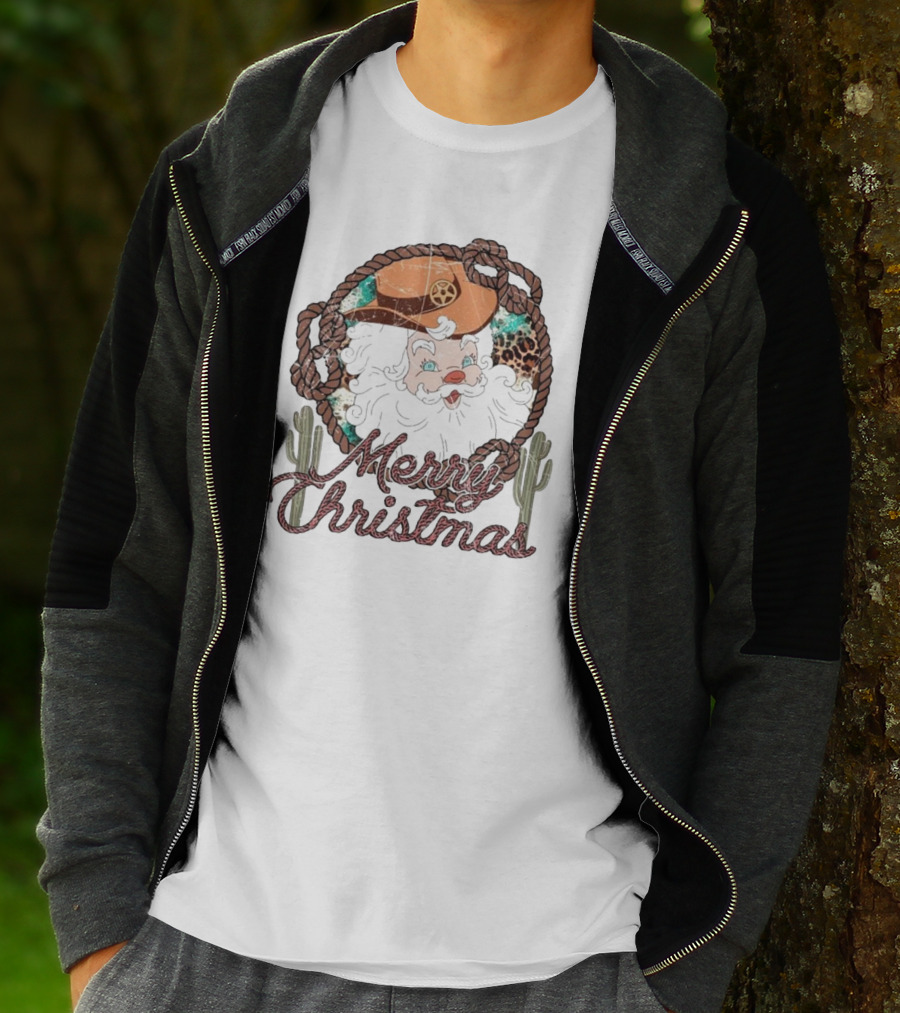 Merry Christmas Western Santa Cactus Rope Cowboy Hat T-Shirt