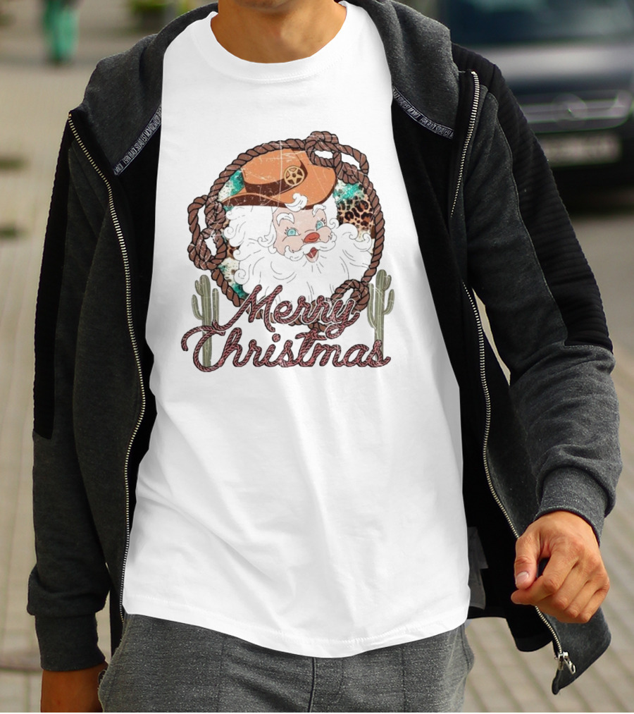 Merry Christmas Western Santa Cactus Rope Cowboy Hat T-Shirt