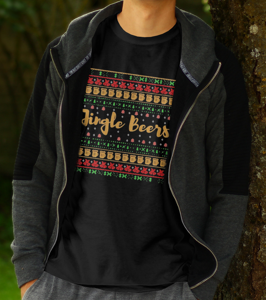 Jingle Beers Christmas Sweater Pattern With Beer Mugs And Holiday Decorations T-Shirt
