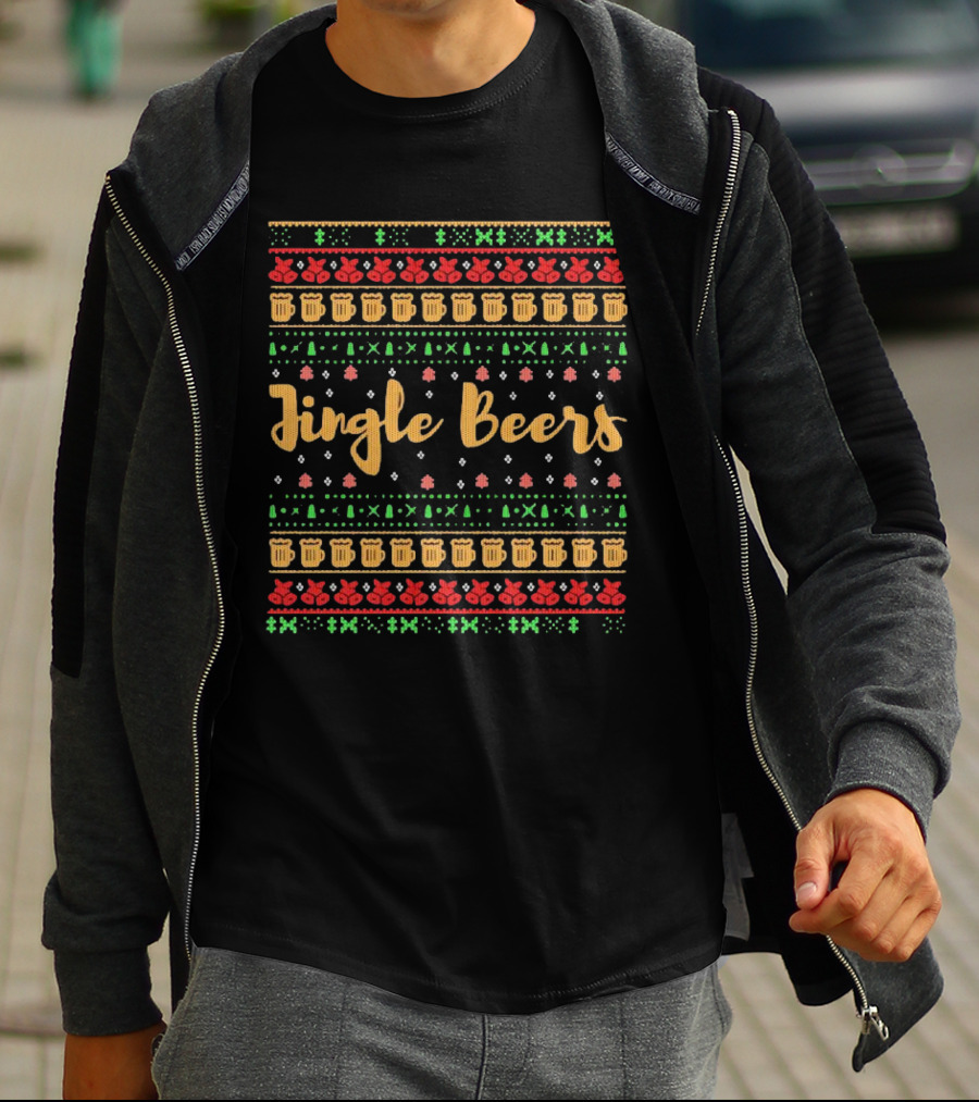 Jingle Beers Christmas Sweater Pattern With Beer Mugs And Holiday Decorations T-Shirt