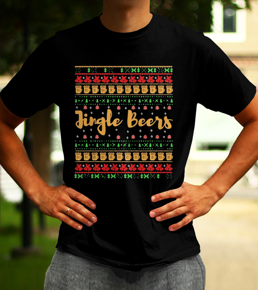 Jingle Beers Christmas Sweater Pattern With Beer Mugs And Holiday Decorations T-Shirt