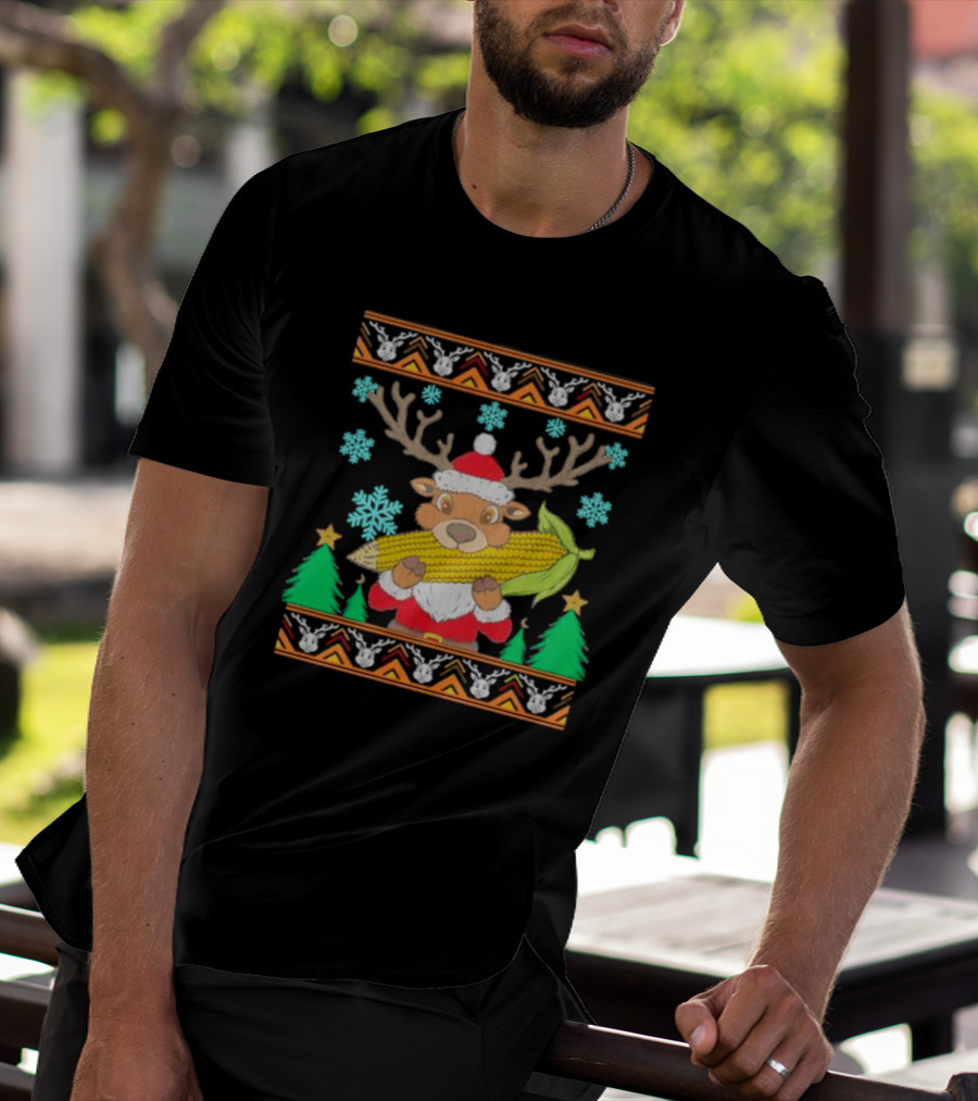 Reindeer Holding Corn With Snowflakes And Trees Christmas T-Shirt