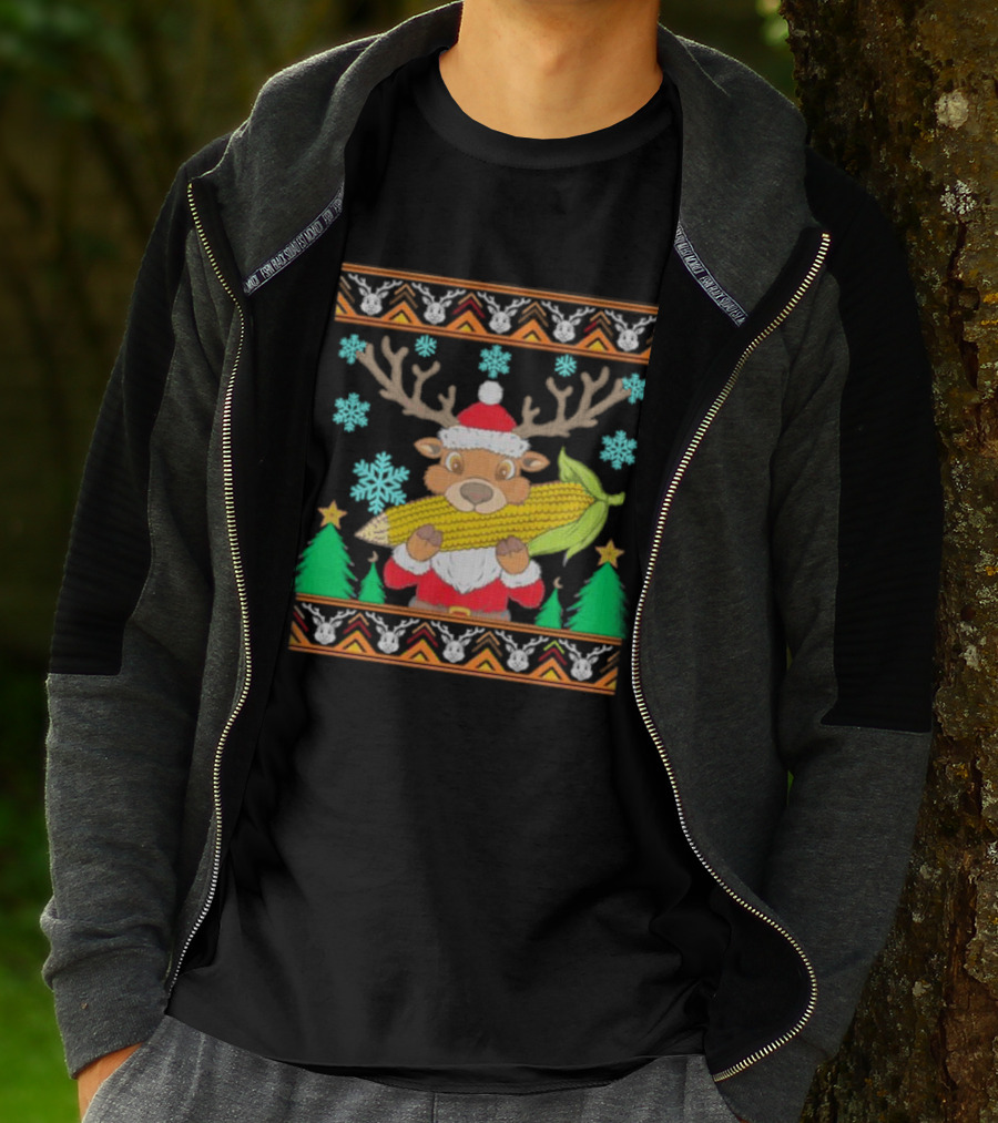 Reindeer Holding Corn With Snowflakes And Trees Christmas T-Shirt