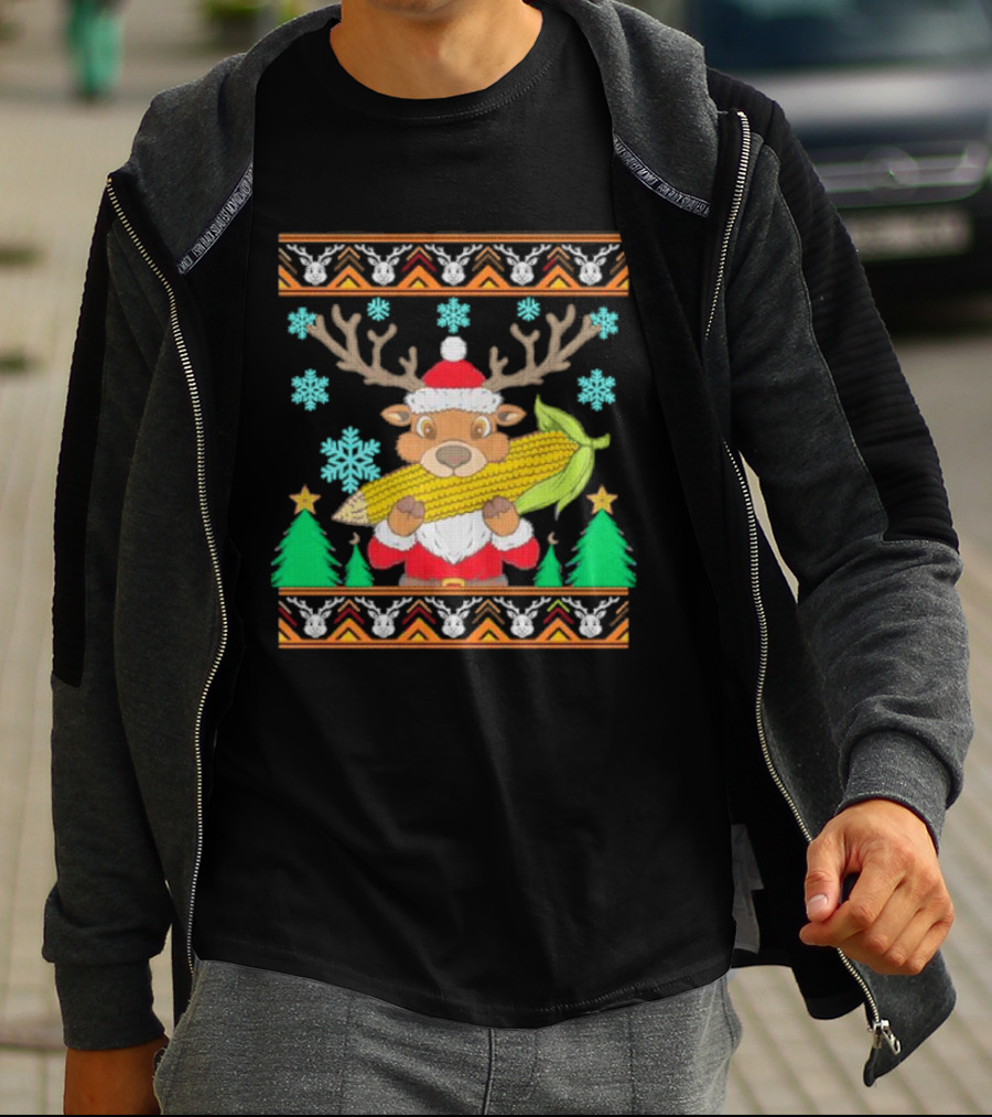 Reindeer Holding Corn With Snowflakes And Trees Christmas T-Shirt