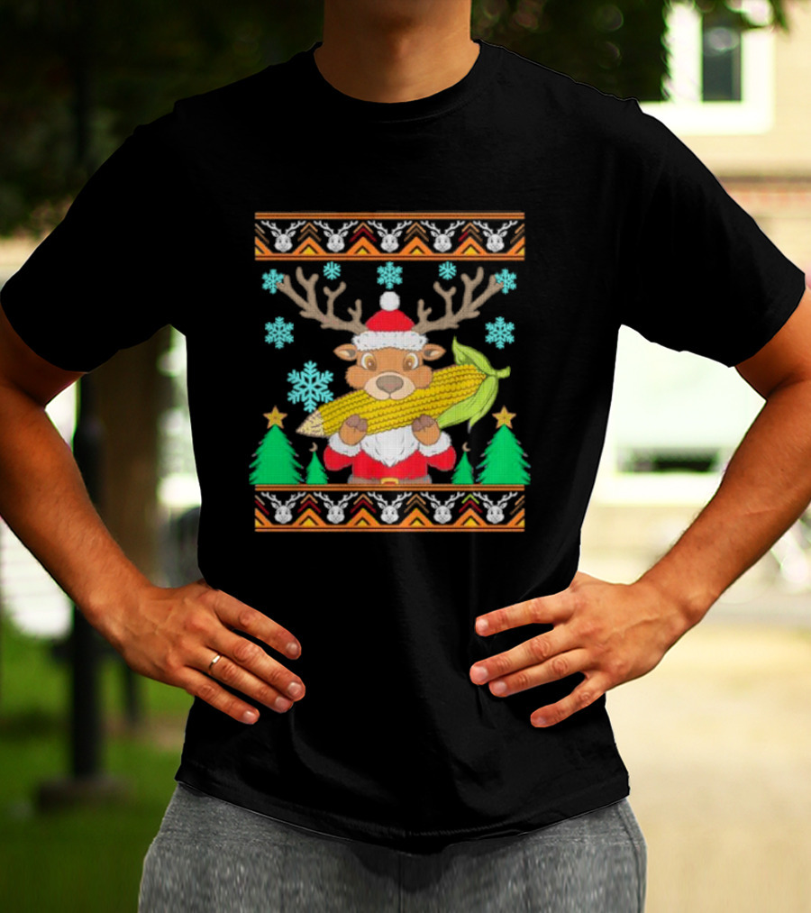 Reindeer Holding Corn With Snowflakes And Trees Christmas T-Shirt