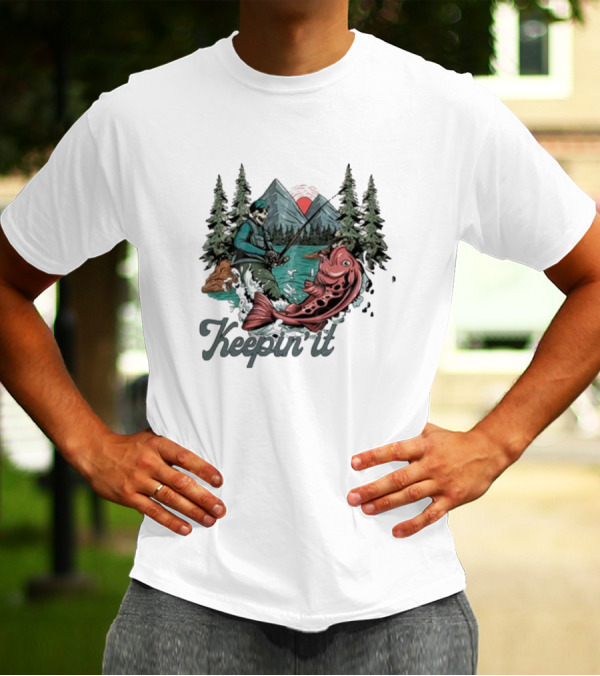 Keepin' It Reel Skeleton Fishing Adventure With Giant Fish And Mountain Lake Scene T-Shirt