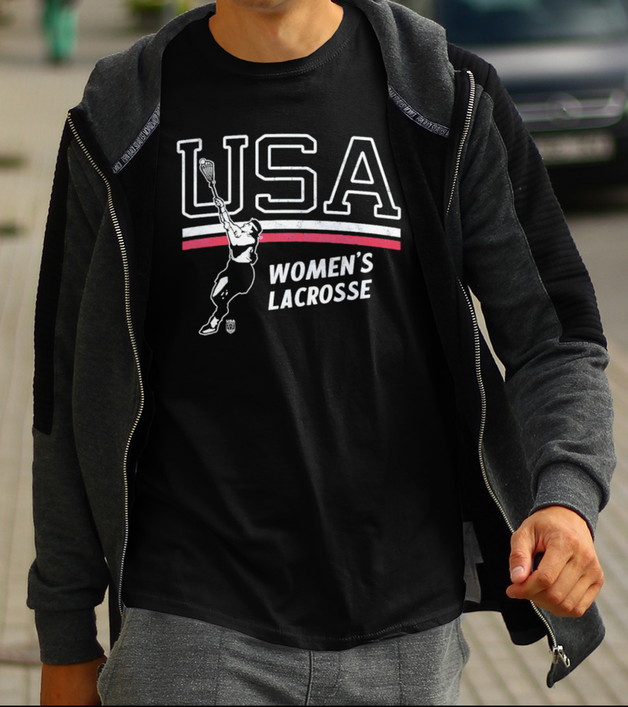 USA Women's Lacrosse Athletic Graphic With Player And Red White Stripes T-Shirt