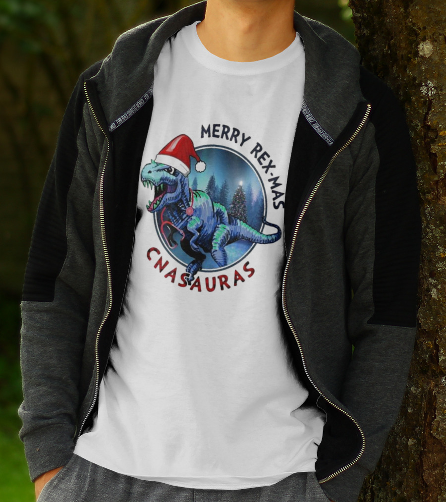 Merry Rex-mas CNAauras Santa Hat Dinosaur Christmas Tree Forest T-Shirt