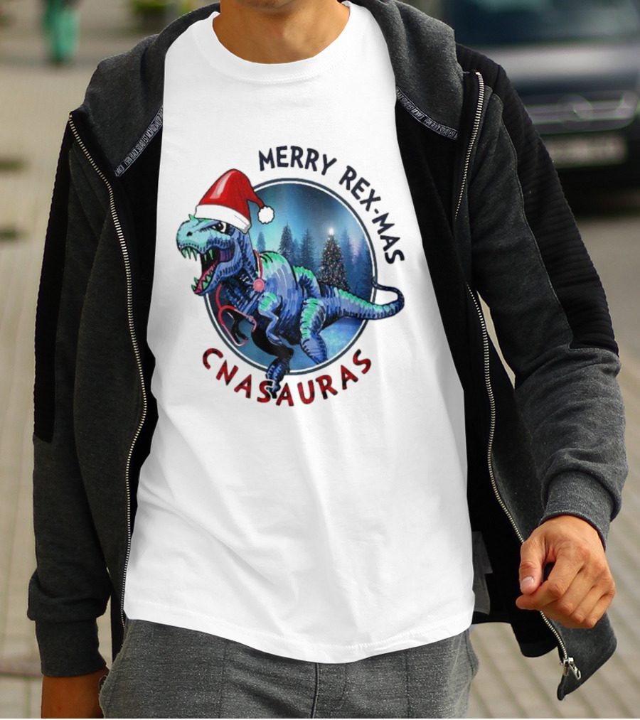 Merry Rex-mas CNAauras Santa Hat Dinosaur Christmas Tree Forest T-Shirt