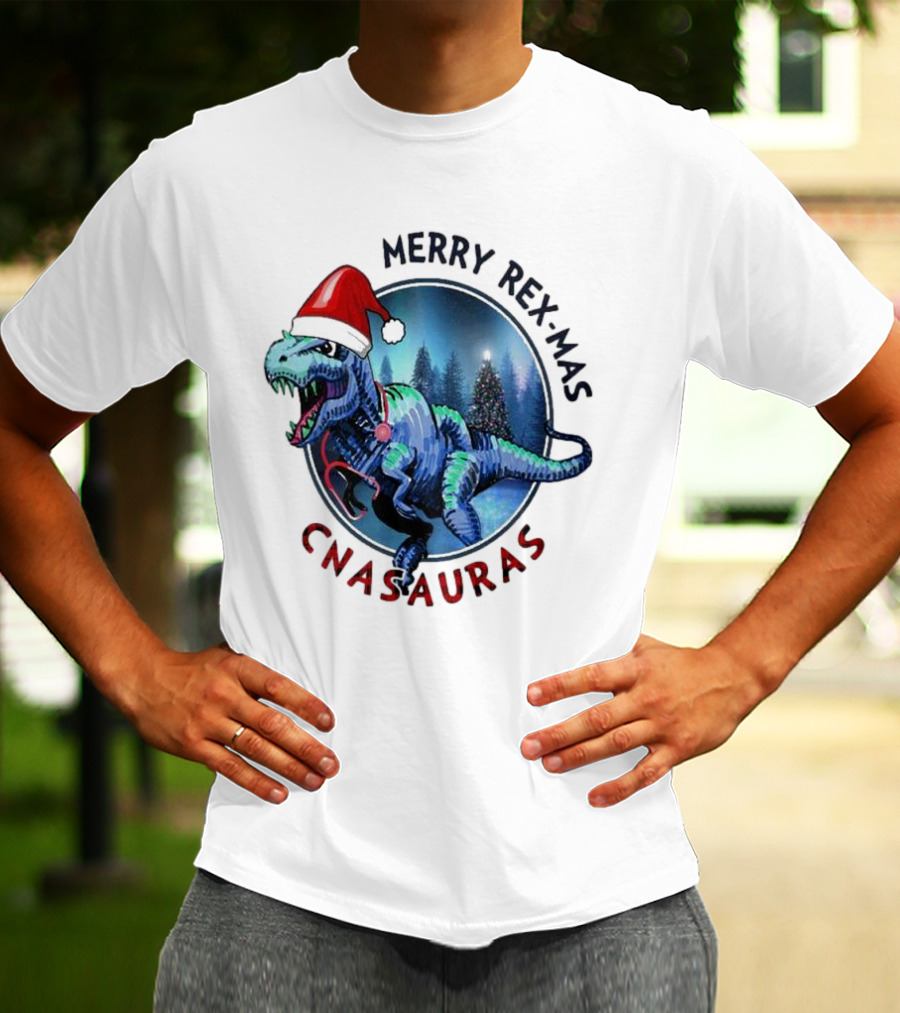 Merry Rex-mas CNAauras Santa Hat Dinosaur Christmas Tree Forest T-Shirt