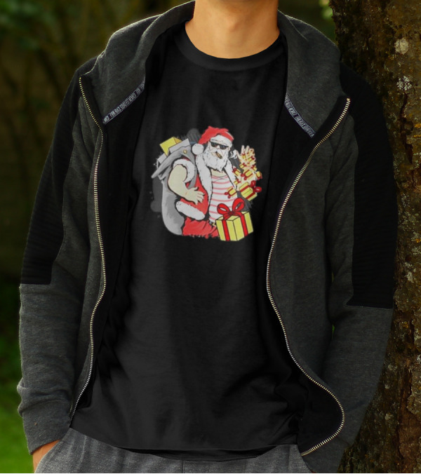 Santa Claus Cool Sunglasses Carrying Christmas Gifts T-Shirt
