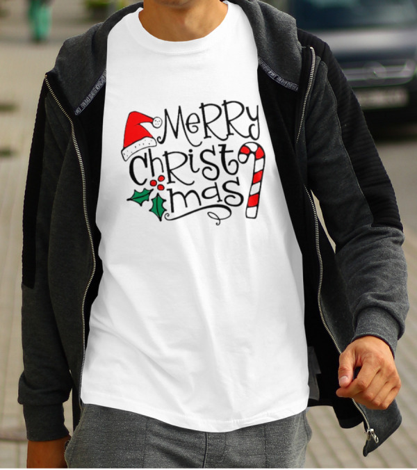 Merry Christmas Santa Hat And Candy Cane T-Shirt