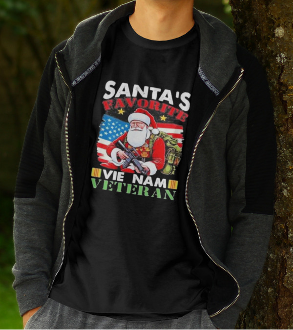 Santa's Favorite Vietnam Veteran With American Flag And Santa Claus Holding Military Gear T-Shirt