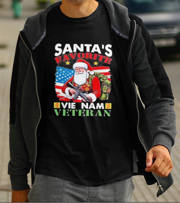 Santa's Favorite Vietnam Veteran With American Flag And Santa Claus Holding Military Gear T-Shirt
