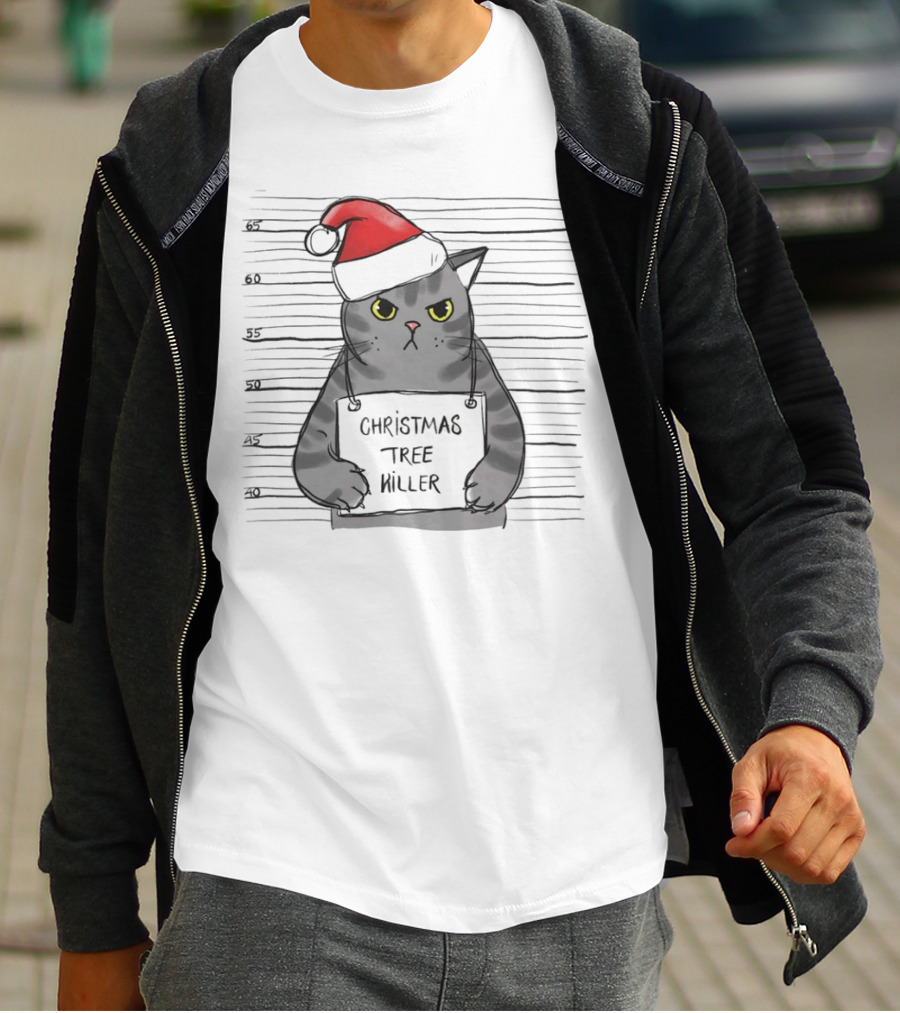 Grumpy Festive Cat With Santa Hat And Mischievous Look T-Shirt