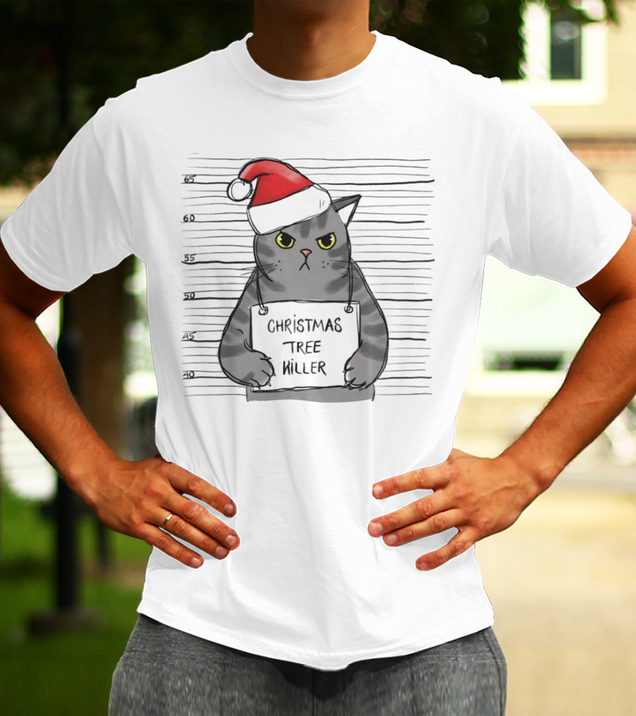 Grumpy Festive Cat With Santa Hat And Mischievous Look T-Shirt